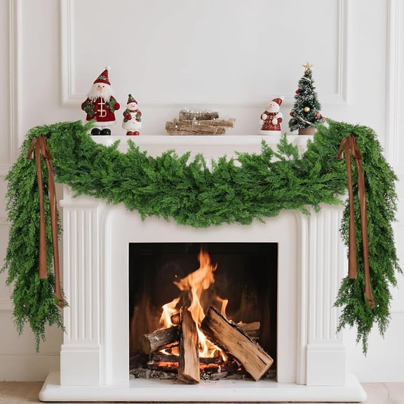 Guvpev 6FT Christmas Cedar Garlands, Artificial Pine Needles Garlands, Realistic Green Faux Greenery Garland for Mantel, Table, Wall, Stairs, Indoor, Outdoor Christmas Decorations