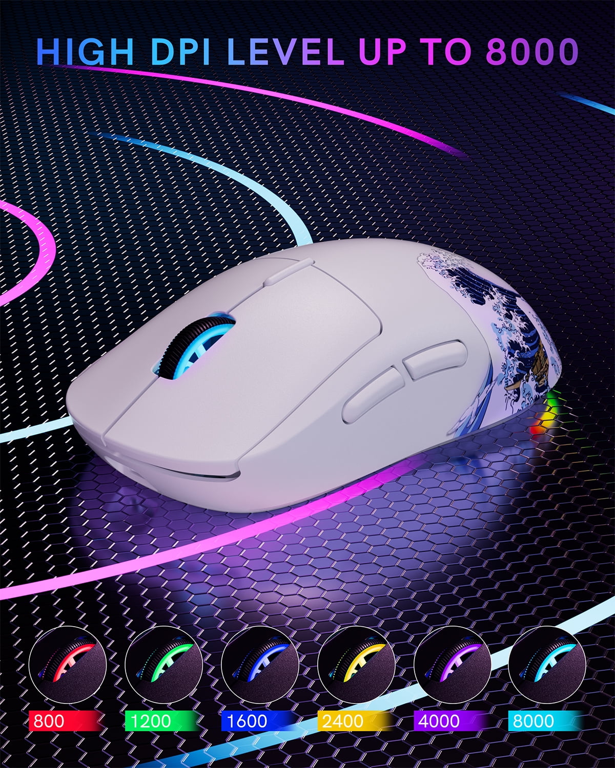 G57 Wireless Gaming Mouse, 8000 DPI, 80g, 2.4G/Bluetooth/USB-C Rechargeable Wireless Mouse with 5 Programmable Buttons for PC/Mac, White