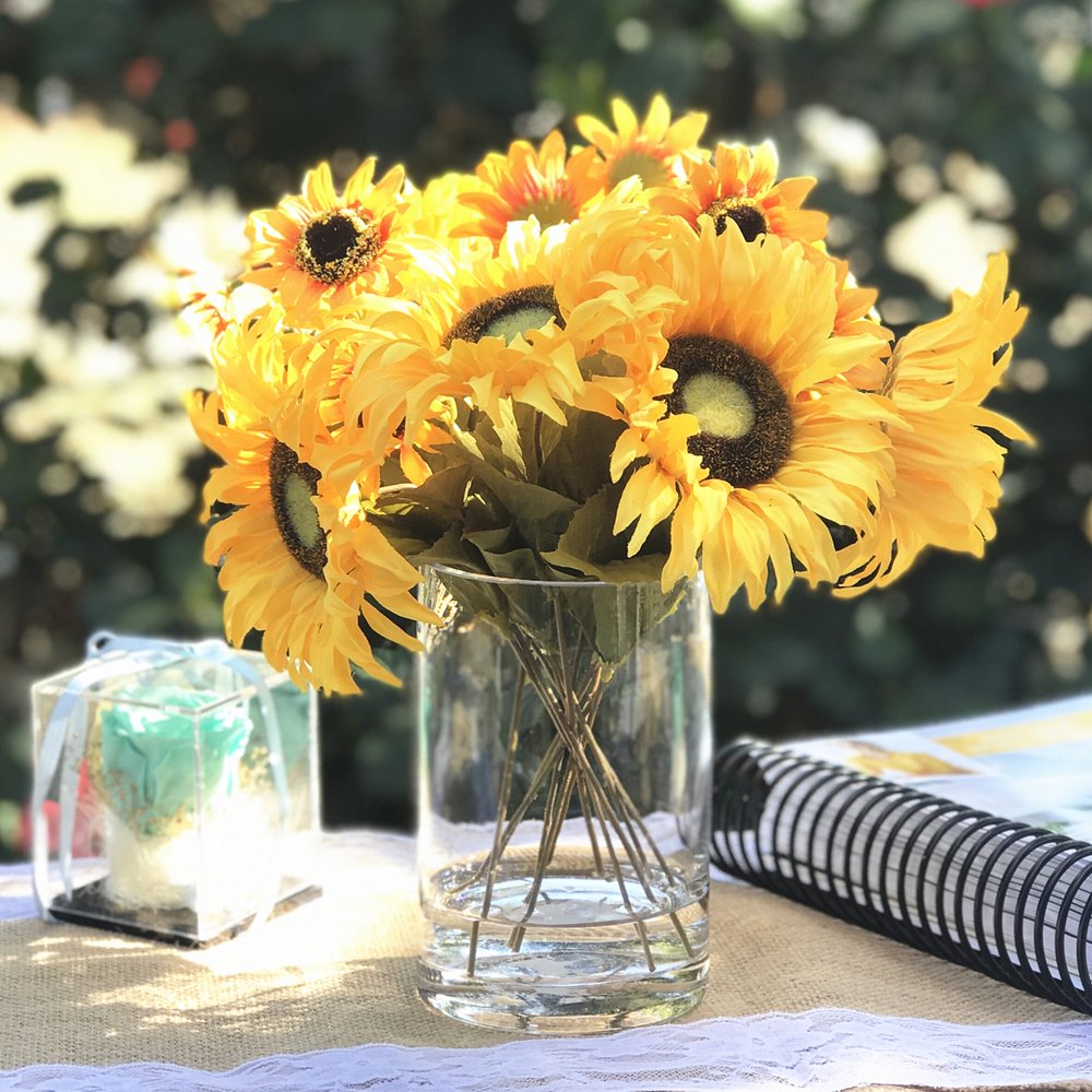 Enova Home Mixed Sunflower Arrangement in Clear Glass Vase With Faux