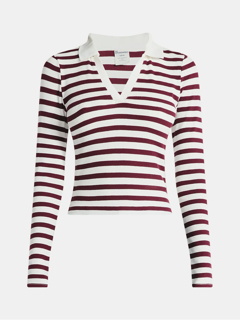 No Boundaries Johnny Collar Tee with Long Sleeves, Women's