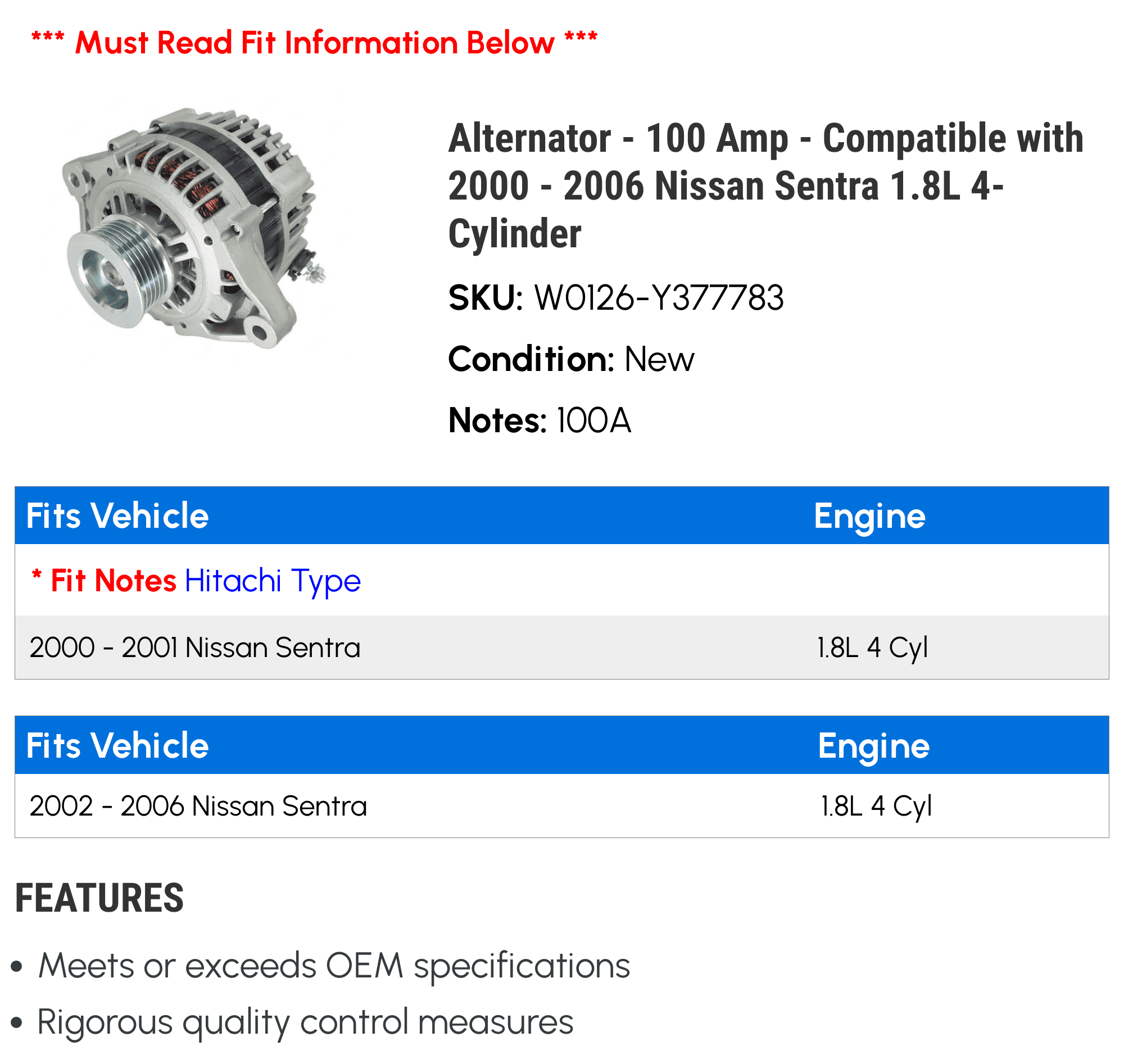 Nissan Sentra 1.8L 4-Cylinder 100 Amp Alternator, 2000