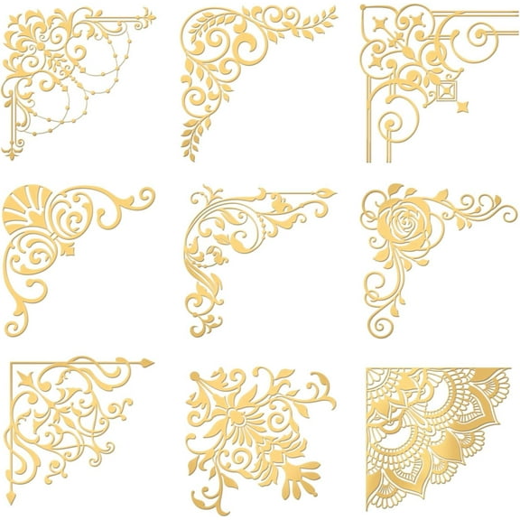 9pcs 1.6x1.6 inch Patterned Stickers Edge Tiles Sticker Self Adhesive Gold Stickers Vintage Border Corner Metal Gold Stickers for Scrapbooks DIY Resin Crafts Phone & Water Bottle Decoration for DIY