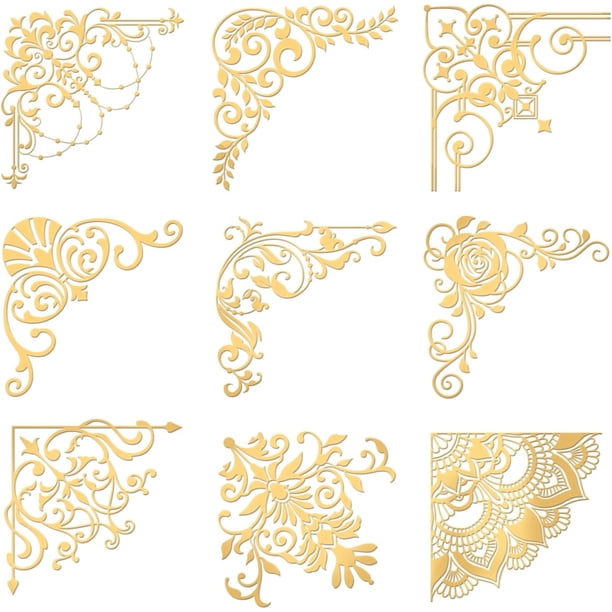 9 pegatinas estampadas de 1,6 x 1,6 pulgadas para bordes de azulejos, autoadhesivas, doradas, vintage, para esquinas, de metal dorado.
