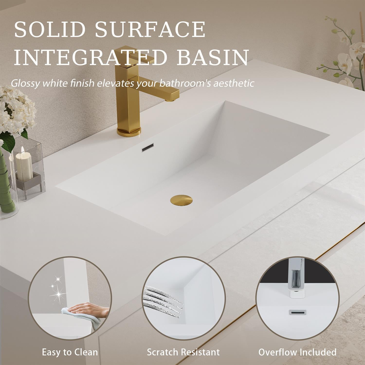 Demi Bonn 47" Wall-Mounted Bathroom Vanity with Sink, Stone Resin Countertop and 2 Soft Close Drawers, Faucets and Drains Not Included, White