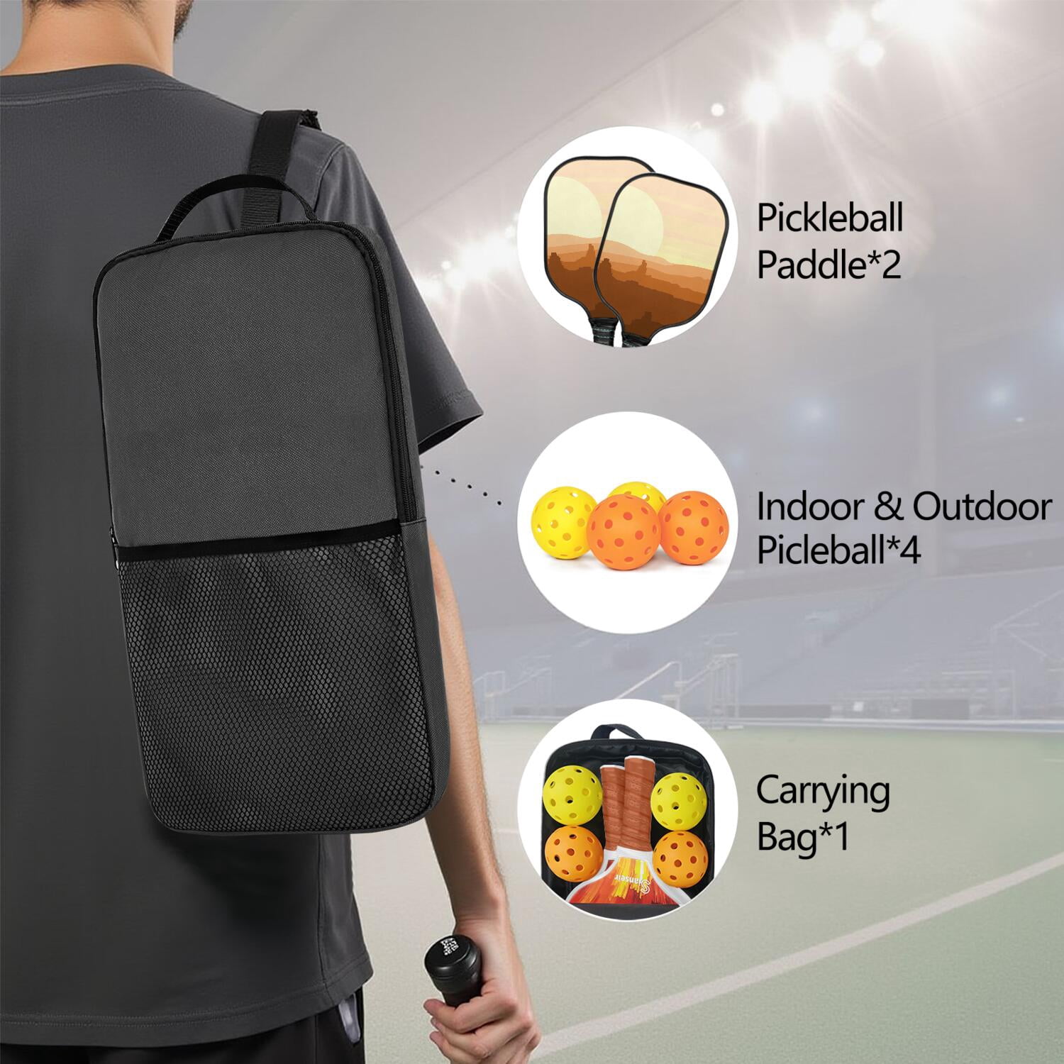 Pickleball Paddles Set Of 2, Fiberglass Surface, West & Cowboy Print, 4 Balls & Bag