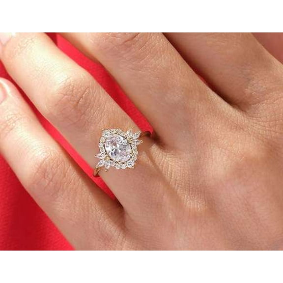 vylahjewellery Attractive 1.50 CT Oval Cut Moissanite Diamond Ring 18K Rose Gold Cluster Halo Ring for Women