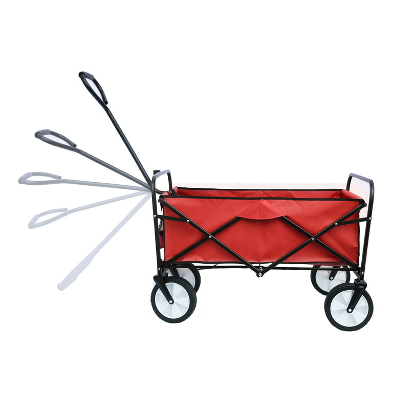 Beach Carts for Sand, Collapsible Outdoor Utility Wagon with Drink Holder, Heavy Duty Folding Wagon Cart with All Terrain Wheels, Red Wagon for