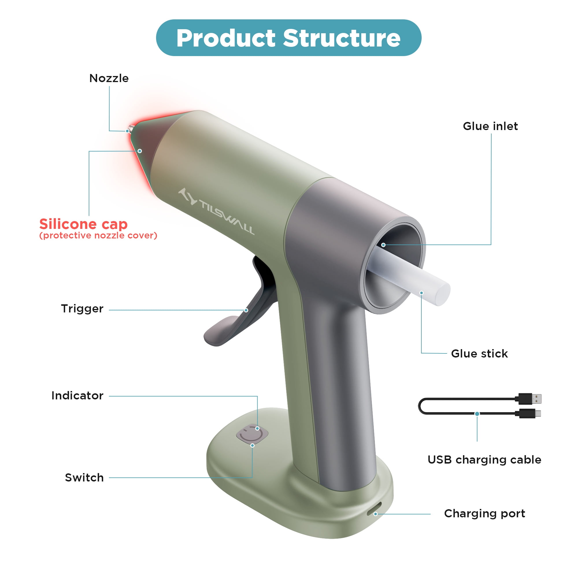 Tilswall Cordless Hot Glue Gun, High Temperature, 30s Fast Preheating Anti-drip Glue Gun, 2Ah USB-C Rechargeable, with 20 Pcs Mini Glue Sticks Set for DIY Craft, Home Decor, Green