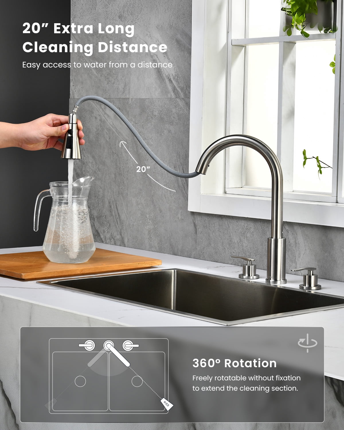DAYONE 3 Hole Kitchen Faucet with Separate Handle and Pull Down Sprayer, 2 Handle Sink Faucets for Kitchen/RV with Soap Dispenser Stainless Steel, Brushed Nickel