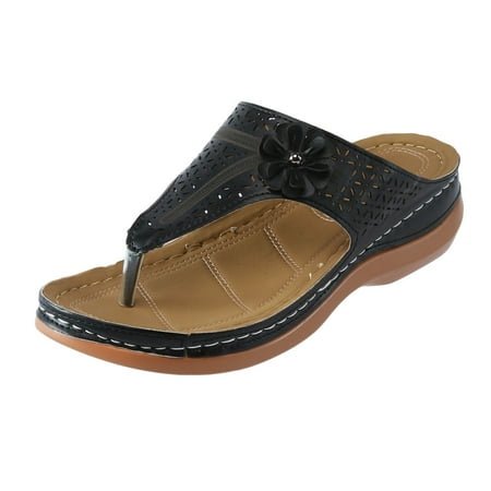 

sandals for Women Ladies Fashion Summer Solid Color Flower Cutout Wedge Beach Thong Sandals PU Dress Sandals for Women Black