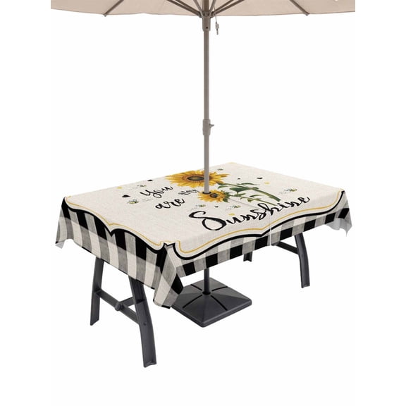Outdoor Tablecloth with Umbrella Hole for Patio/Picnic/Party, Sunflowers Waterproof Table Cloth Rectangle Table Cover Washable, Yellow Floral Botanical Black White Checkered Rustic (60"x 102")