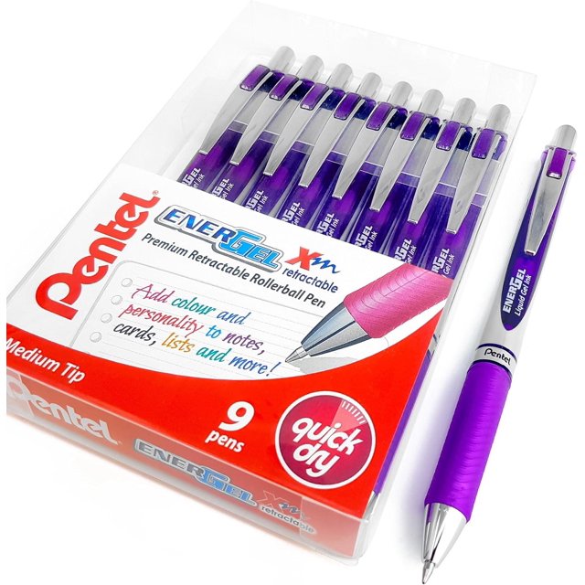 Pentel Energel XM BL77 - Retractable Liquid Gel Ink Pen - 0.7mm - 52% Recycled - Wallet of 9 - Purple Ink