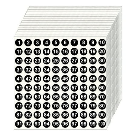 1-100 Number Stickers, 10mm Adhesive Labels, 25 Sheets in Black Color