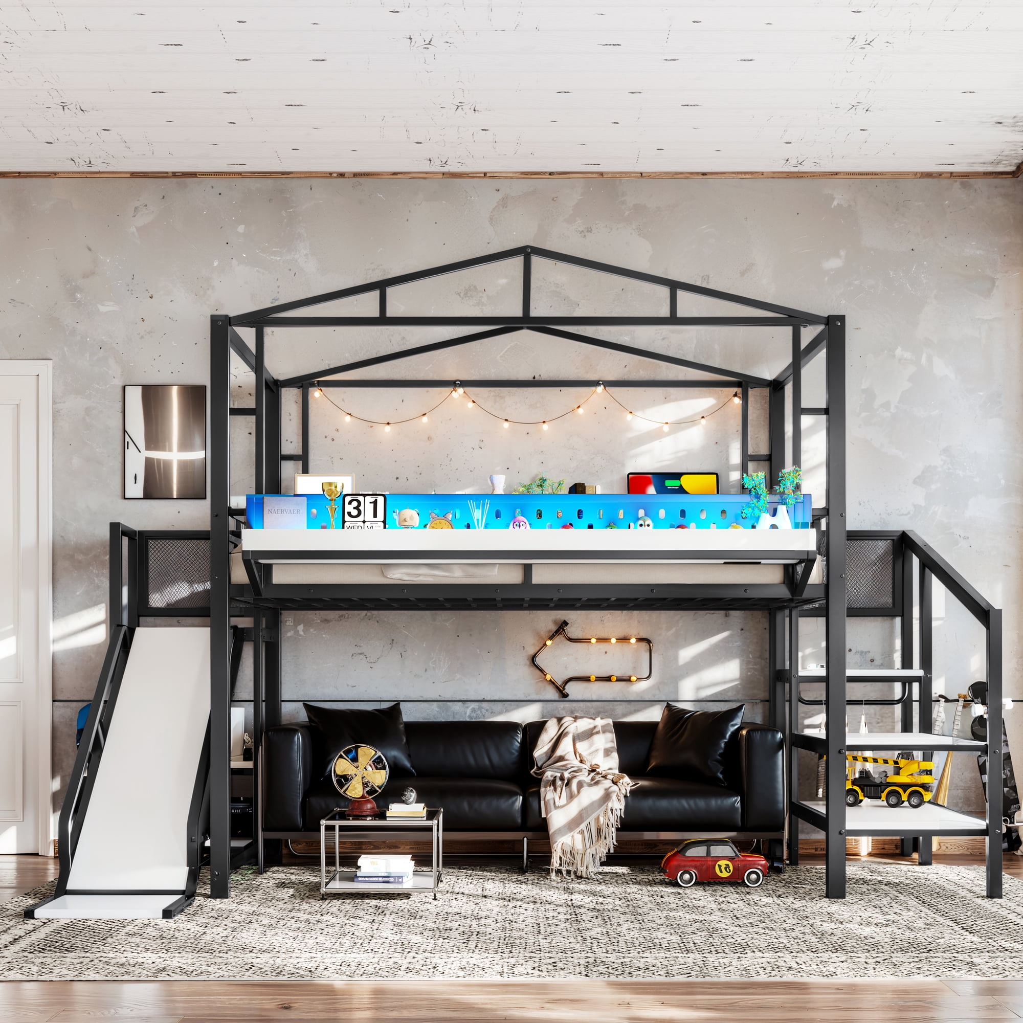 Leumius Full Size Loft Bed with Storage Stairs, Metal Loft Bed Frame with Built-in Wardrobe,Storage Shelves,USB Ports and LED Lights,Noise-reduced Design,Black