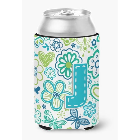 Carolines Treasures CJ2006-JCC Letter J Flowers And Butterflies Teal Blue Can & Bottle Hugger