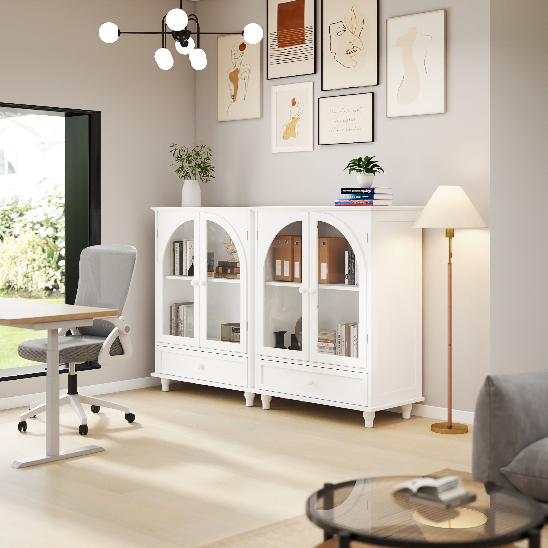 Arched Glass Door Farmhouse Sideboard, White Storage Cabinet with Tiered Top & 1 Drawer, Buffet Pantry Cabinet for Kitchen Living Room Coffee Bar