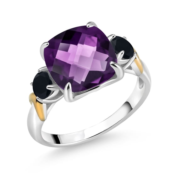 Gem Stone King 925 Silver and 10K Yellow Gold Purple Amethyst and Black Onyx 3 Stone Ring for Women (3.44 Cttw, Gemstone February Birthstone, Cushion Checkerboard 10MM, Round 4MM, Size 6)