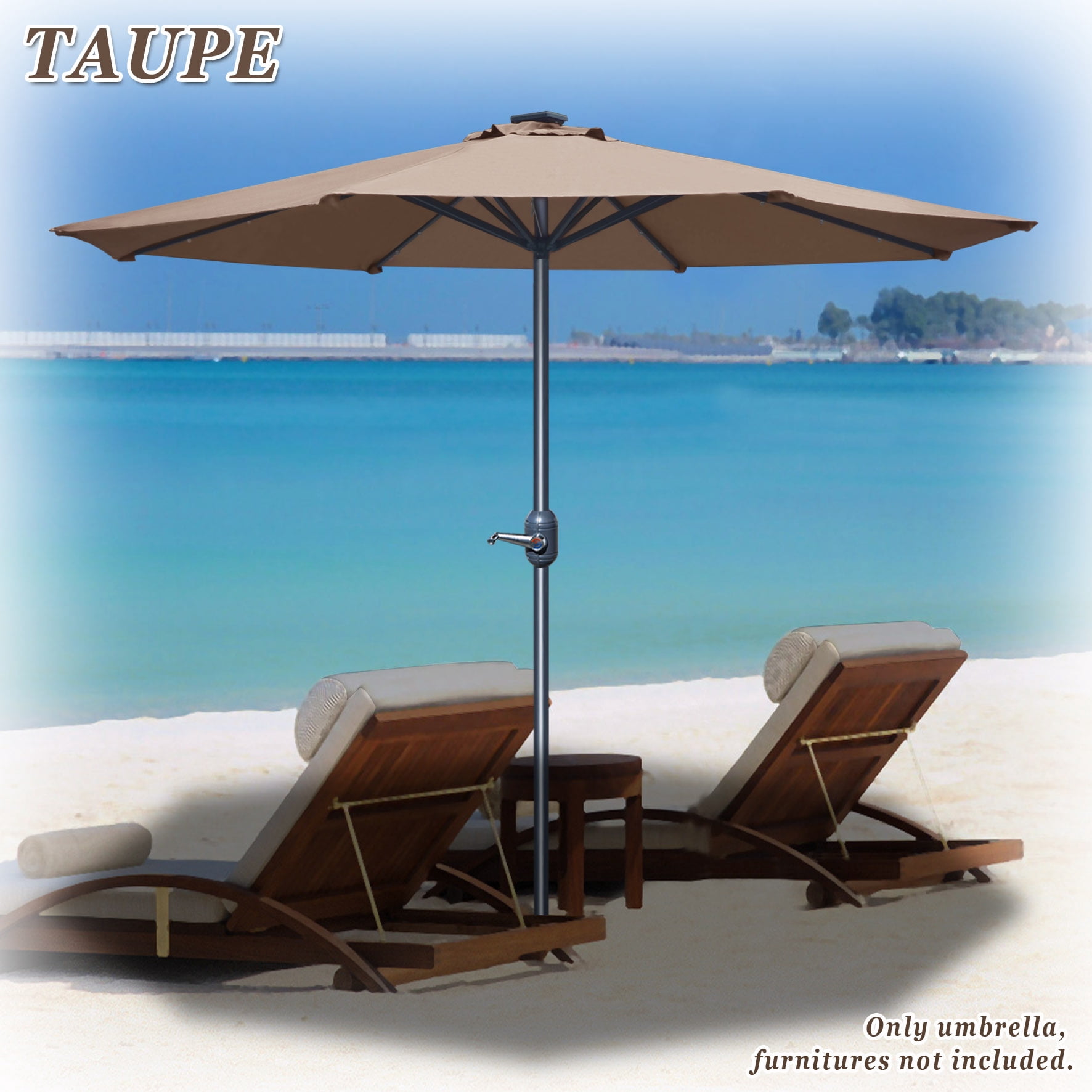 Sunny 9' Aluminum Solar Powered Patio Umbrella 24 LED Light Parasol Sunshade with Crank (Taupe)