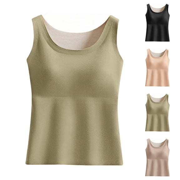 Miorin Women Tank Tops with Built-in Padded Bra Double Lined Fleece Lined Wide Strap Scoop Neck Thermal Seamless Undershirt, Fitted Cold Weather Base Layer Cami for Fall Winter Daily, Beige XL