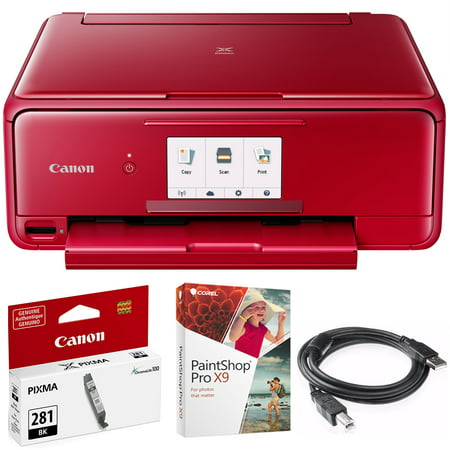 Canon PIXMA TS8120 Wireless Inkjet All-in-One Printer with Scanner & Copier Red (2230C042) CLI-281 Black Ink Tank, Corel Paint Shop Pro X9 Digital Download & High Speed 6-foot USB Printer