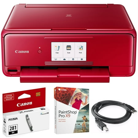 Canon Network Printer Copiers - Canon PIXMA TS8120 Wireless Inkjet All-in-One Printer with Scanner & Copier Red (2230C042) CLI-281 Black Ink Tank, Corel Paint Shop Pro X9 Digital Download & High Speed 6-foot USB Printer Cable
