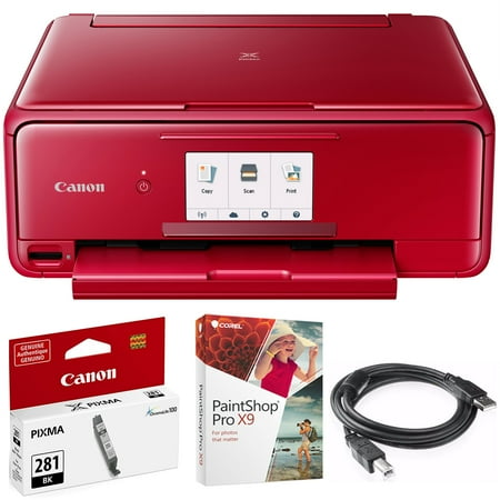 Canon PIXMA TS8120 Wireless Inkjet All-in-One Printer with Scanner & Copier Red (2230C042) CLI-281 Black Ink Tank, Corel Paint Shop Pro X9 Digital Download & High Speed 6-foot USB Printer (Best High Volume Scanner)