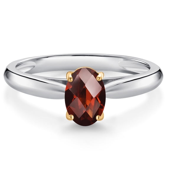 Gem Stone King 10K White and Yellow Gold Red Garnet Solitaire Engagement Ring for Women (1.00 Cttw, Oval Checkerboard 7X5MM, Gemstone January Birthstone, Size 8)