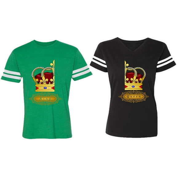 King Queen Red Gold Crown Matching Couple Cotton Jerseys (Men Green / Women Black) (Men S / Women S)