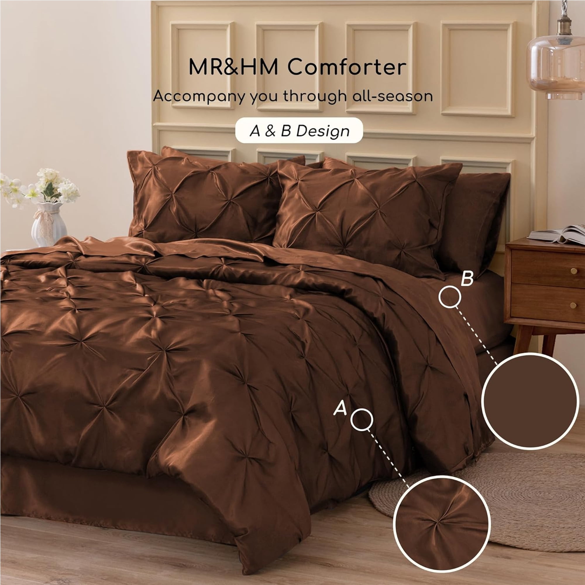 MR&HM Satin Comforter Set Full Size 7 Pieces - Luxurious Pinch Pleat Bedding Set, Silky Full Comforter, Flat Sheet, Deep Pocket Fitted Sheet with Corner Straps, Satin Pillowcases & Shams (Brown)