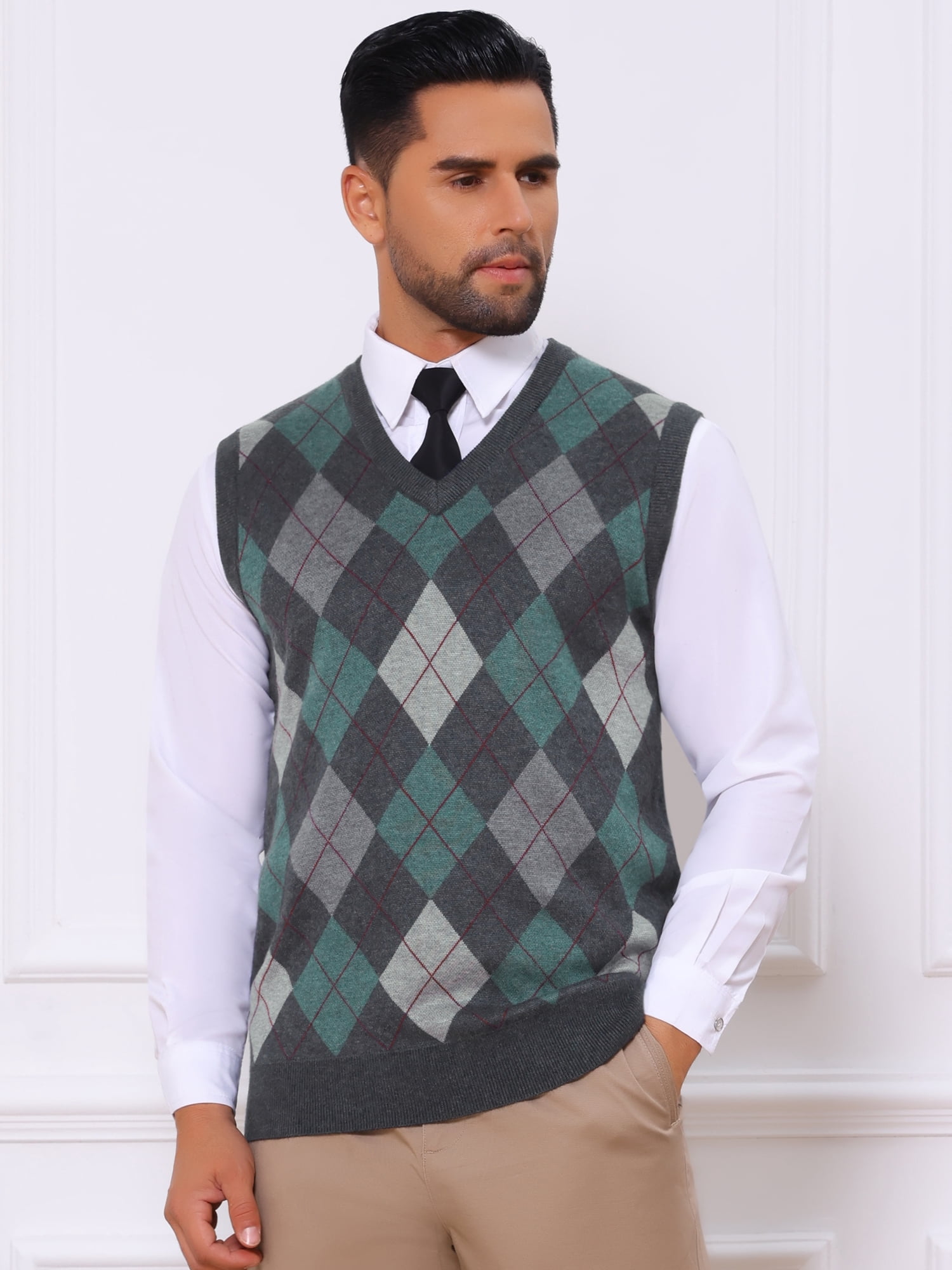 DARING DIVA Men's Casual Knit Sleeveless V-Neck Plaid Argyle Sweater Vest XL Dark Gray