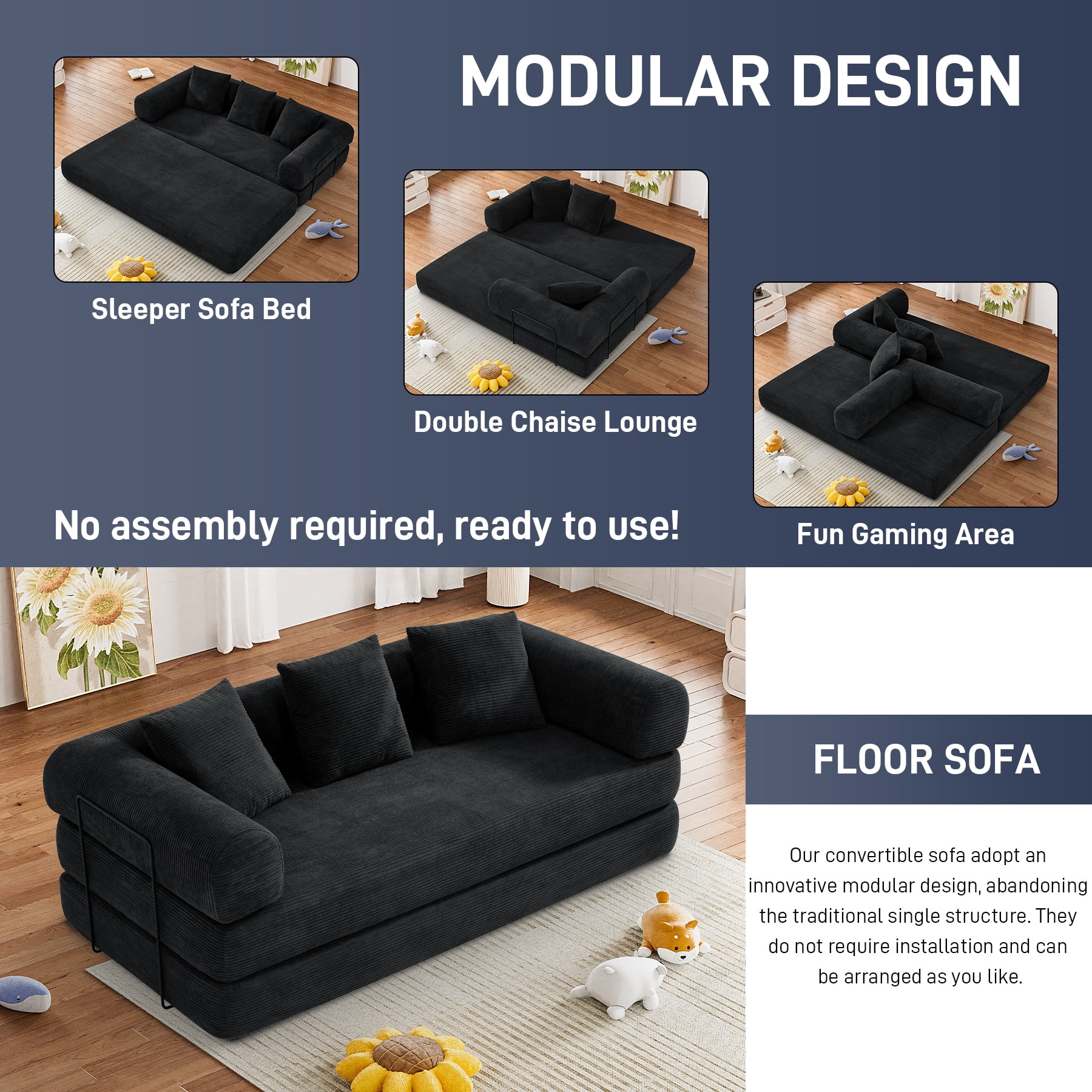 Wiilayok Convertible Sleeper Sofa Bed,Corduroy Modular Folding Mattress Couch with Fixed-Shape Frame,Comfy Futon Sofa Bed for Living Room, Bedroom(78.7",Black)