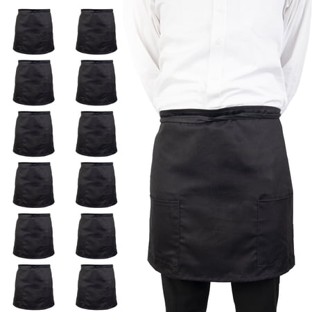 Arkwright Server Half Bistro Aprons (18x30  12-Pack) with Two Patch Pockets  Poly/Cotton Adjustable Apron for Restaurants  Cafes  Hotels  Solid Black