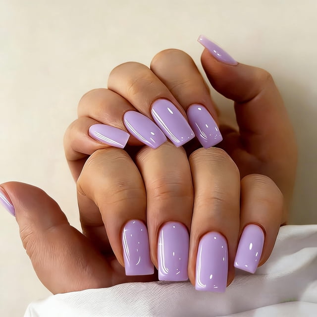 Set de uñas postizas press on JOYVVEW lila, talla mediana cuadrada, 28 piezas