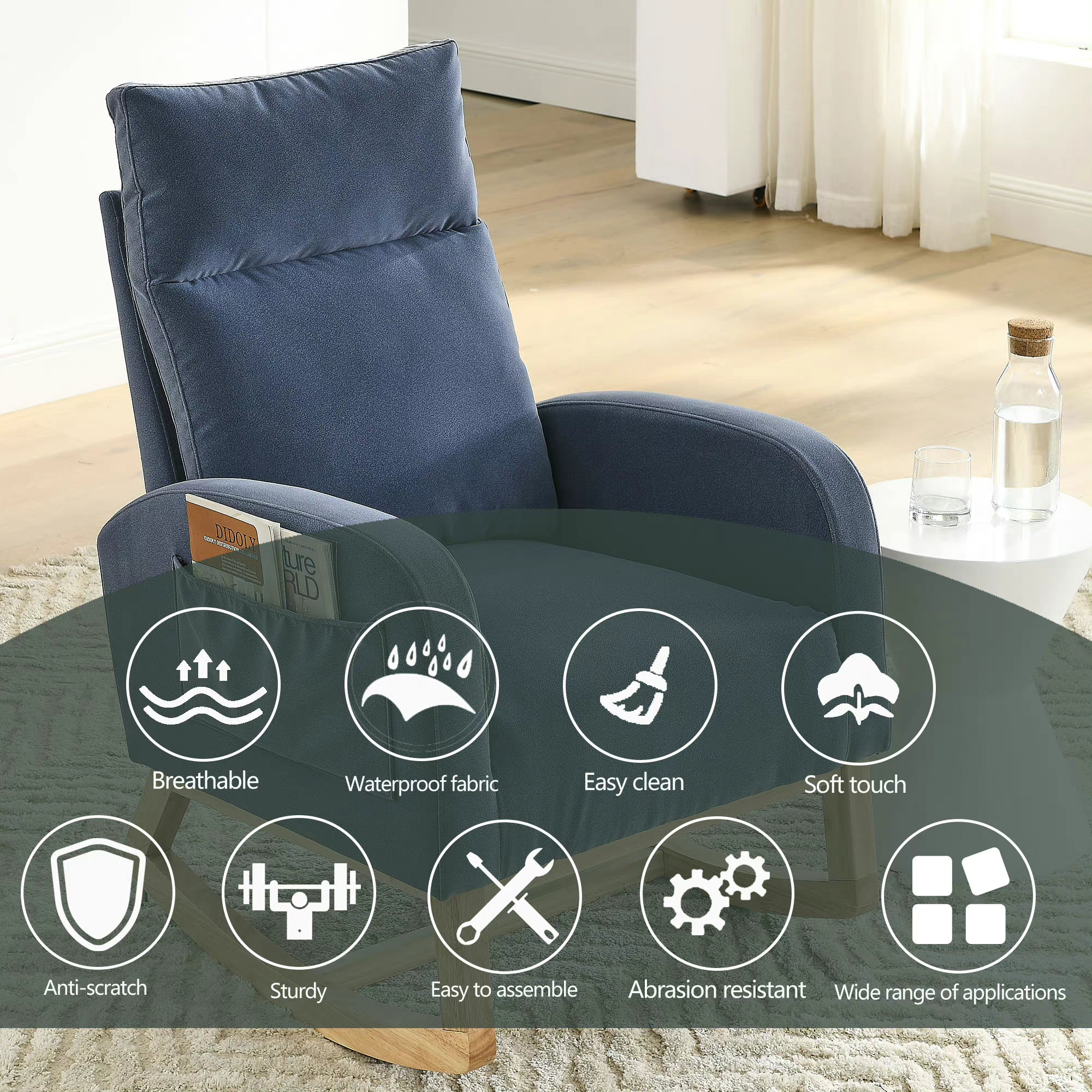 Zechuan Rocking Chair for Nursery - Living Room Lounge Armchair with Side Pockets - Blue Velvet