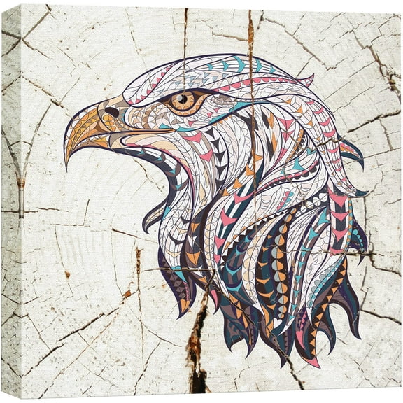 wall26 Canvas Print Wall Art Wood Ring Effect Tribal Pattern Eagle Animals Wildlife Wood Panels Modern Art Farmhouse/Country Expressive Multicolor Warm for Living Room, Bedroom, Office - 16"x16&