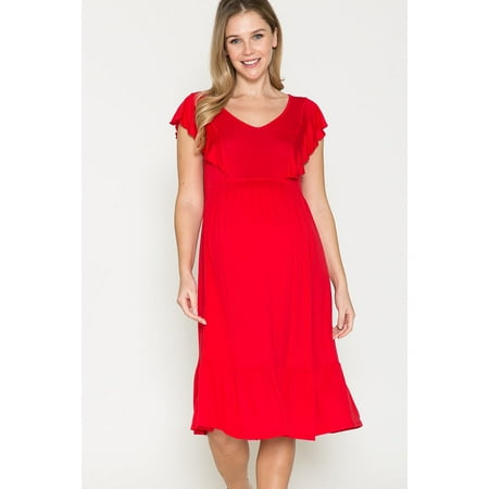 

Women Maternity V Neck Ruffle Sleeve And Bottom Midi Dress