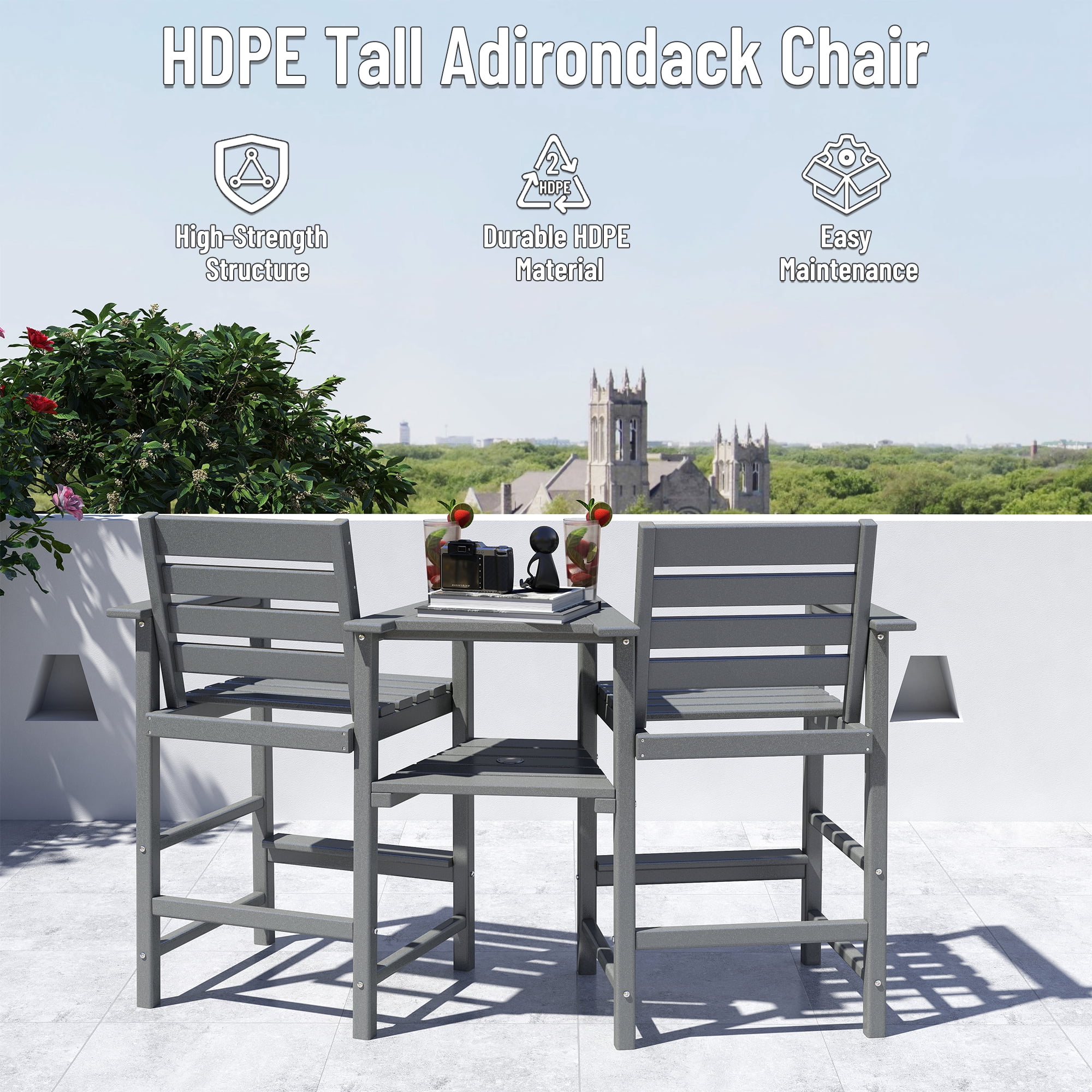 FOOWIN HDPE Plastic Tall Adirondack Chair Set of 2 W/ Outdoor Barstools and Connecting Tray, Gray