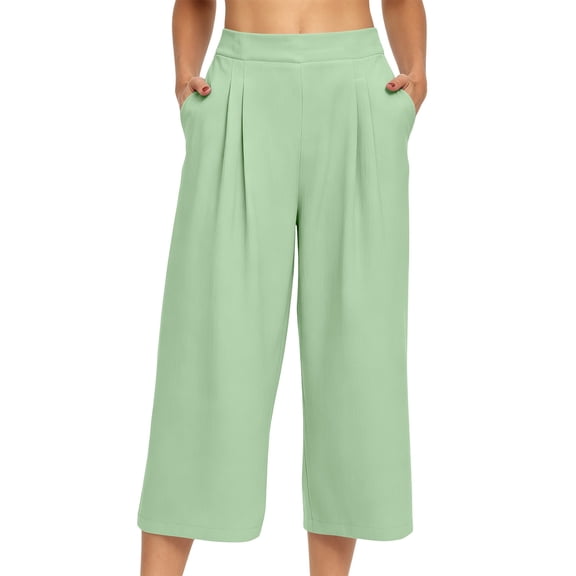 Ruimatai Women's High Waisted Pleated Wide Leg Cropped Capri Pants with Side Pockets for Casual Daily Commuter Summer Wear