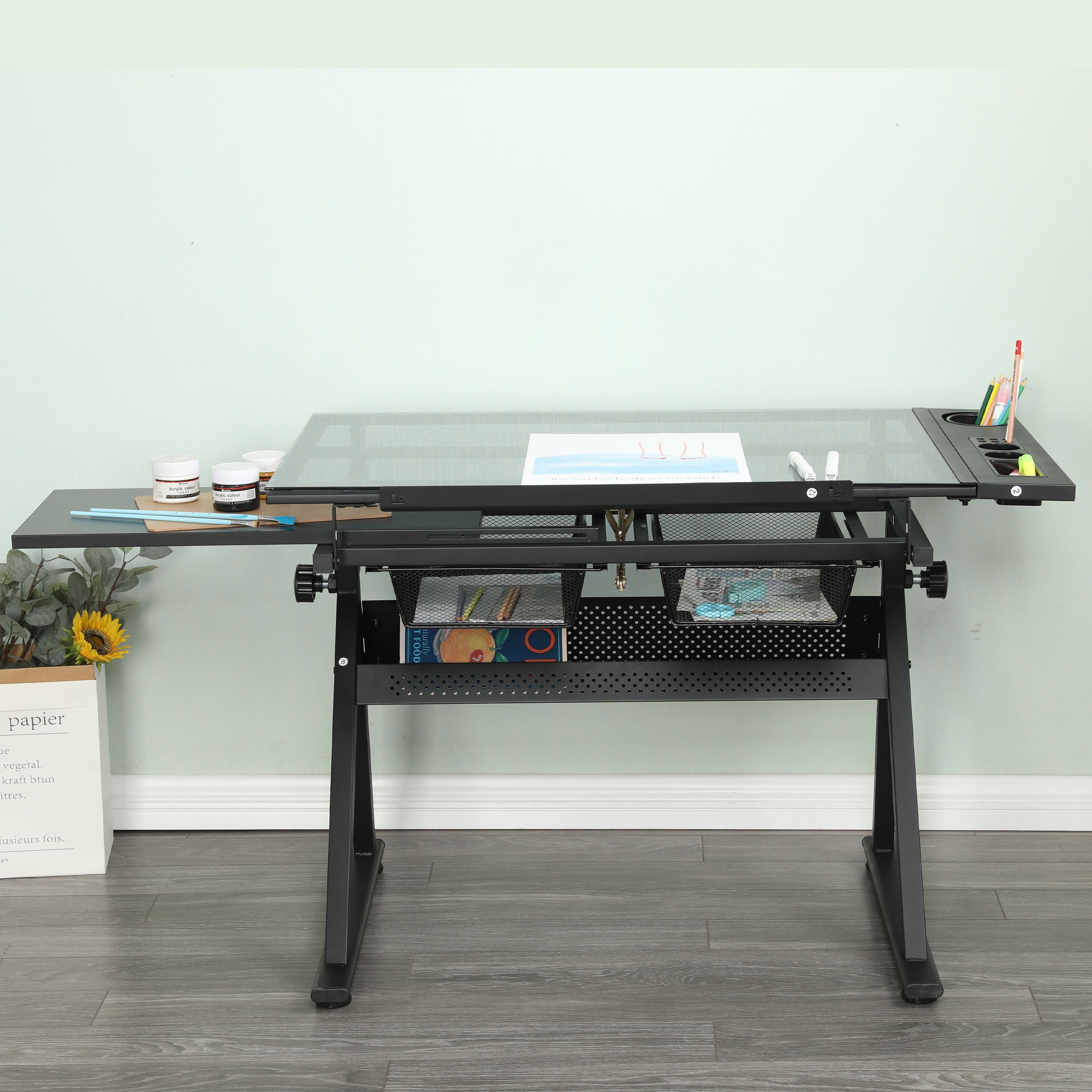 Drafting Table, 0-70° Adjustable Glass Top Artist Table, Height Adjustable Drafting Desk with Large Storage for Painting & Crafting, Ideal for Designers and Art Students (Black)