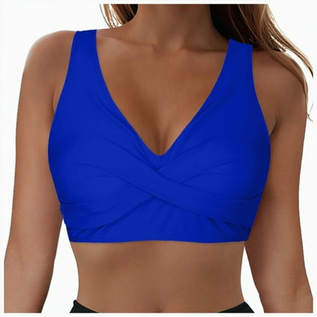 ORT Women Wrap Bikini Top Push Up Padded Swimsuit Top Criss Cross Tie Back Bathing Suit Tops(Blue L)
