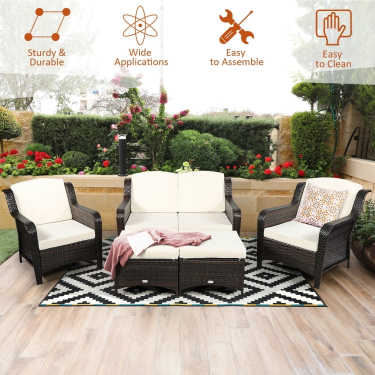 Aimee Lii 5 Pieces Patio Rattan Sofa Set with Cushion and Ottoman, Outdoor Wicker Patio Furniture Set, White Aimee Lii 5 Pieces Patio Rattan Sofa Set with Cushion and Ottoman, Outdoor Wicker Patio Furniture Set, White