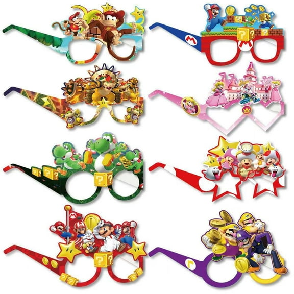 16PCS Mario Themed Party Glasses Supplies Decoration, Fun Kids Party Favors，Dress Up Masks Photo Booth Prop，Cartoon Character Cosplay Decor