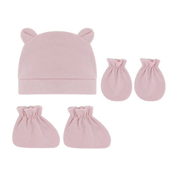 5pcs/lot Newborn Baby Cotton Beanies Hospital Hat and Mittens Set Solid Candy Color Stretchy Infant Warm Cap Gloves 0-1 Years Ol90-6 months He Qiyong unisex