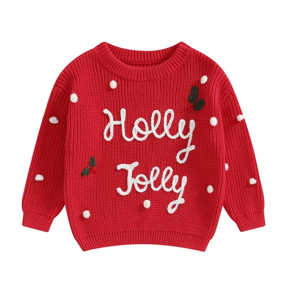 Aojekbee Baby Girl Christmas Sweaters Classic Long Sleeve Letter Embroidery Knit Pullover Toddler Fall Tops