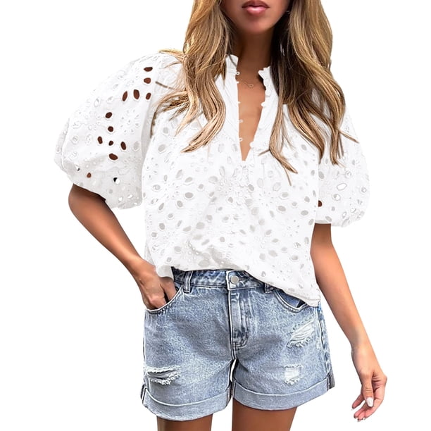 Camisa de Mujer PRETTYGARDEN Cuello en V con Encaje Calado Blanca XXL