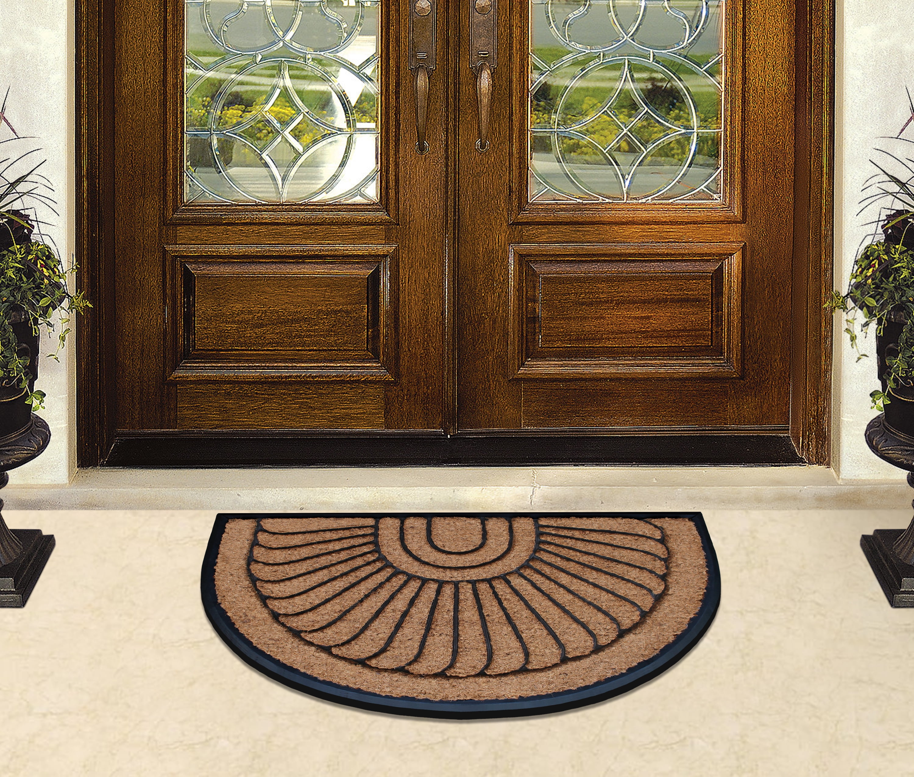 A1HC 23"x36" Natural Coir & Rubber Sunburst Half-Round Door Mat, Heavy-Duty, Low-Pile, Durable Outdoor Welcome Mat