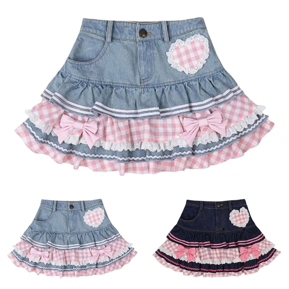 Women's Pink Pleated Denim Skirt Casual Everyday Pink Good Blue S