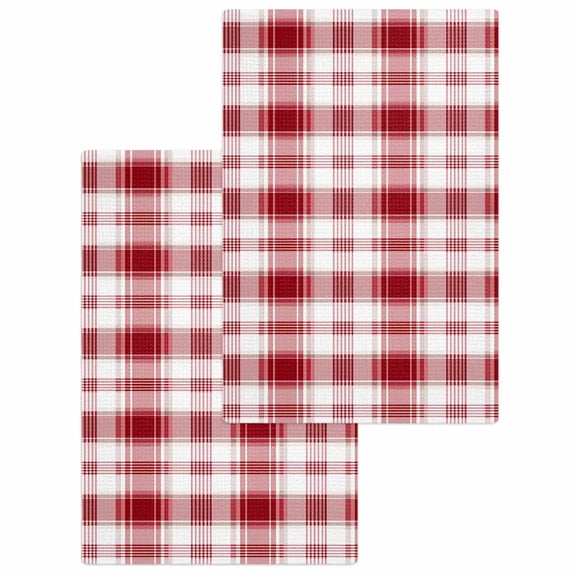 Red Checkered Kitchen Dish Towels for Drying Dishes Set of 2, Red White Plaid Farmhouse Waffle Weave Microfiber Hand Tea Bathroom Towels Quick Dry & Absorbent Towel 15.7x23.6