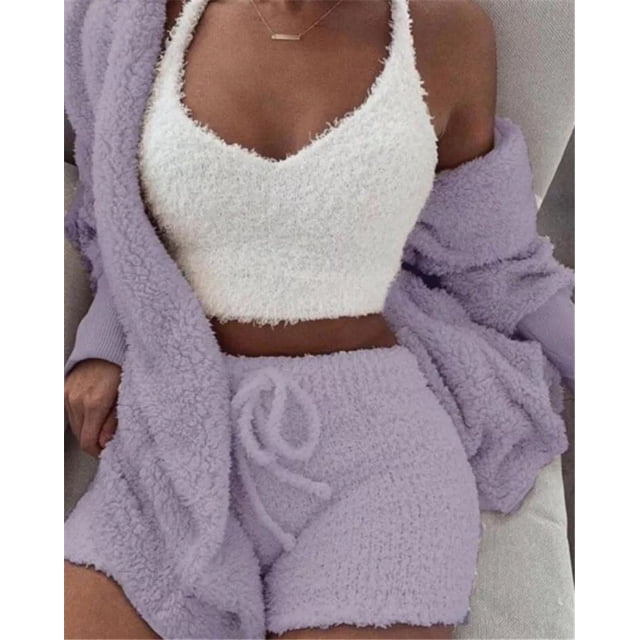 Conjunto de pijama de tres piezas con mangas largas y pantalones cortos de felpa para el hogar
