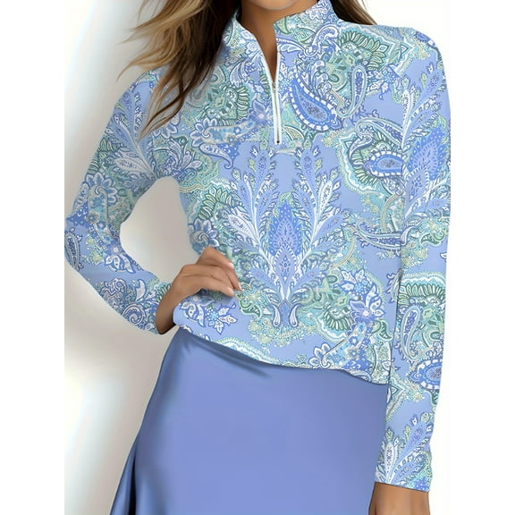 Women's 1/4 Zip Golf Polo Shirts Long Sleeve Moisture Wicking Golf Shirts Sun Protection Collared Work Shirts Blue M